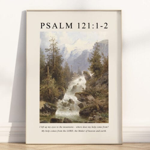 Psalm 121:1-2 vintage wall art with watercolor mountains. A peaceful Christian scripture print for home, classroom, or church decor.