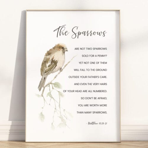 Watercolor Christian wall art of Matthew 10:29-31 The Sparrows. A gentle reminder of God’s care and worth. Perfect for peaceful, scripture home décor.