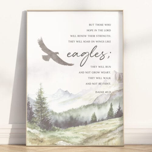 Christian Hope in the Lord wall art featuring Isaiah 40:31. A peaceful watercolor mountain print reminding you to hope in the Lord and find renewed strength.