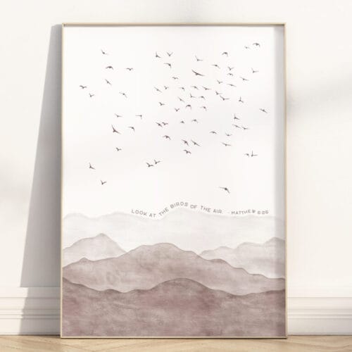 Look at the birds of the air – Matthew 6:26 wall art in muted purple. A peaceful, faith-filled Christian print perfect for home, nursery, or prayer space.