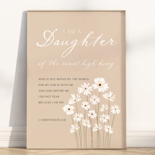 This modern Christian Girl Nursery wall art with daisies features the Bible verse from 2 Corinthians 6:18, perfect for girl nursery, dedication, or baptism.