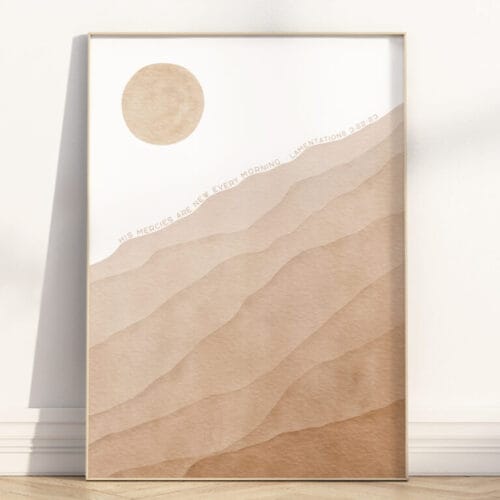 His mercies are new Boho wall art with sunrise tones and Christian minimalist style. A peaceful scripture print inspired by Lamentations 3:22-23.