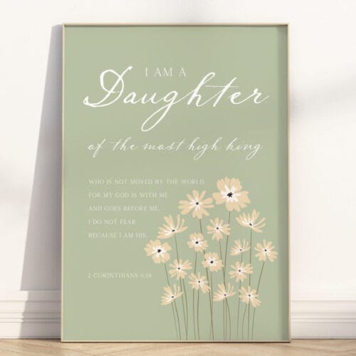 This sage green Christian Girl nursery wall art with Bible verse 2 Corinthians 6:18 is a perfect addition to a girl’s nursery, dedication, or baptism.