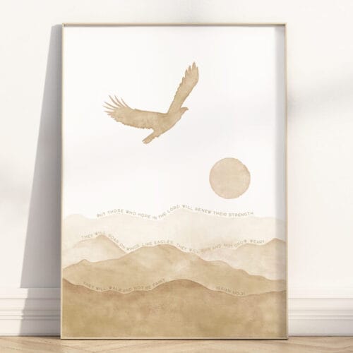 Isaiah 40:31 scripture quote wall art in warm beige tones with eagle and sunrise. A modern Christian print of hope, strength, and peaceful encouragement.