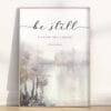 A tranquil watercolor landscape featuring Psalm 46:10 be still and know that I am God. Perfect for nursery, homeschool, or Sunday School decor.
