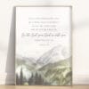 Joshua 1:9 wall art with “Be strong and courageous” in a soft watercolor mountain scene. A peaceful, bold reminder of faith and strength in God’s promise.