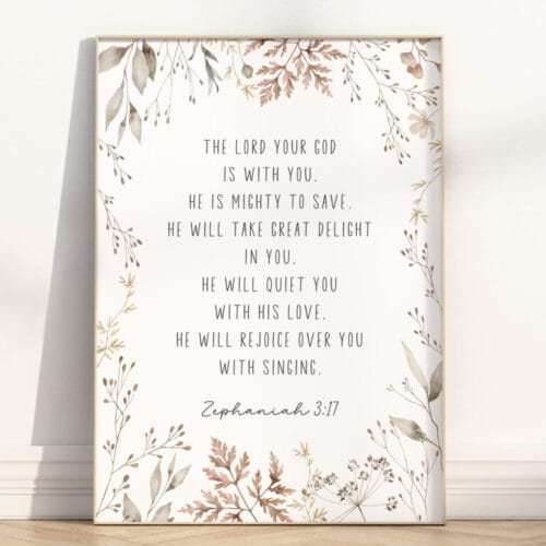 Zephaniah 3:17 botanical wall art with wildflowers and scripture. A modern Christian poster, canvas, or digital print for nursery or faith-inspired decor.