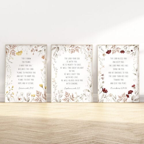 Christian floral nursery wall art set featuring Zephaniah 3:17, Jeremiah 29:11, and Numbers 6:24-26. Soft watercolor Scripture prints for peaceful, faith-filled decor.