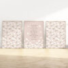 Set of 3 Christian nursery wall art prints featuring Zephaniah 3:17. Muted peach daisy floral design for elegant Scripture home decor or baby gift.