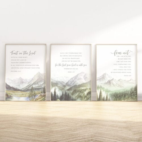 Set of 3 Christian wall art with Isaiah 41:10, Joshua 1:9, and Proverbs 3:5-6. Peaceful watercolor Scripture prints for home, office, or nursery.