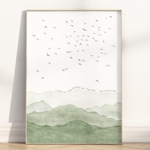 Christian wall art with Matthew 6:26 Look at the birds of the air. Minimalist sage green landscape with birds. Peaceful Scripture print for home, nursery, office, or prayer corner.