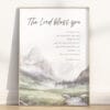 Numbers 6:24-26 wall art with “The Lord bless you” in a soft watercolor mountain scene. A peaceful, faith-filled Christian poster or canvas for your home.
