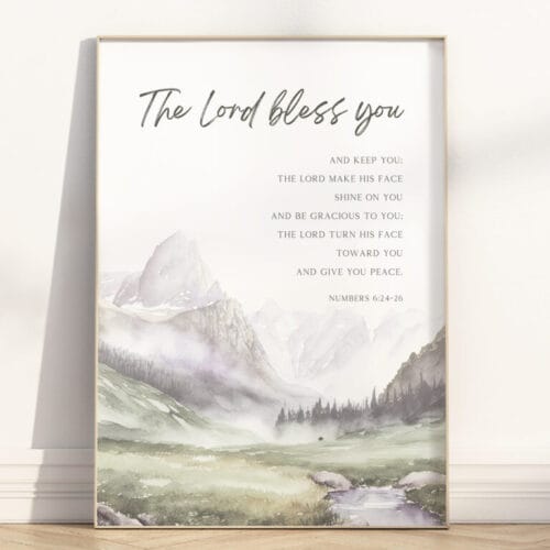 Numbers 6:24-26 wall art with “The Lord bless you” in a soft watercolor mountain scene. A peaceful, faith-filled Christian poster or canvas for your home.