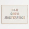 I Am God's Masterpiece Bible verse wall art inspired by Ephesians 2:10. A gender-neutral Christian print for nursery, classroom, or Sunday School.