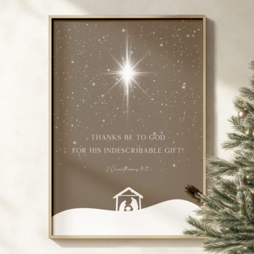 Celebrate the season with 2 Corinthians 9:15 wall art as a Christmas nativity scene poster, canvas, or printable in earthy neutral minimalist style.