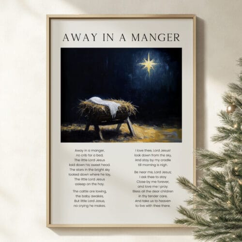 Away in a Manger Christmas Hymn Wall Art features nativity artwork and carol lyrics in a vintage oil painting style. Available as print or digital download.