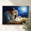 This Christmas Nativity Scene Wall Art features a vintage-style oil painting of Mary, Joseph, and Baby Jesus under the Star of Bethlehem.