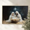This Baby Jesus painting print features a vintage-style nativity scene with Mary and Joseph—perfect Christian wall art for Christmas or year-round faith decor.