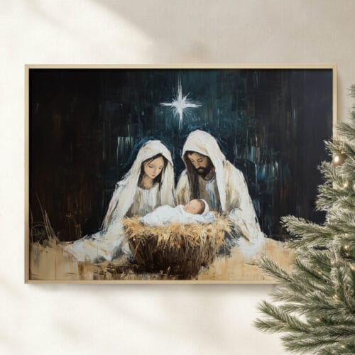 This Baby Jesus painting print features a vintage-style nativity scene with Mary and Joseph—perfect Christian wall art for Christmas or year-round faith decor.