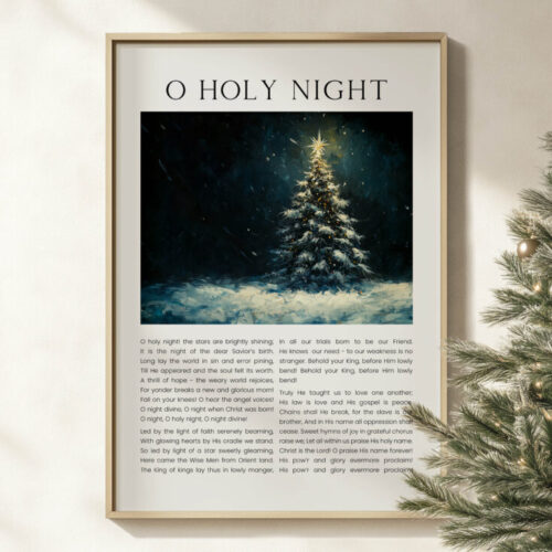 O Holy Night Christmas Hymn Wall Art features carol lyrics and a winter tree landscape in a vintage oil painting style. Available as print or digital download.