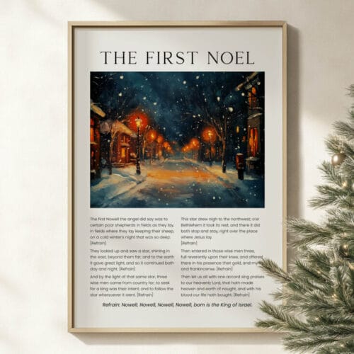 The First Noel Christmas Hymn Wall Art features winter scenery and carol lyrics in a vintage oil painting style. Available as print or digital download.