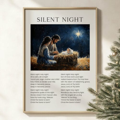 Silent Night Christmas Hymn Wall Art features nativity artwork and carol lyrics in a vintage oil painting style. Available as print or digital download.
