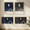 This minimalist Star of Bethlehem wall art features a modern nativity stable beneath a starry sky—available in indigo or black, vertical or horizontal.