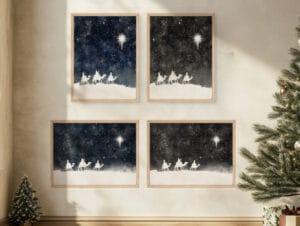This three wise men minimalist wall art features a modern nativity scene with the Star of Bethlehem—available in black or blue, horizontal or vertical.