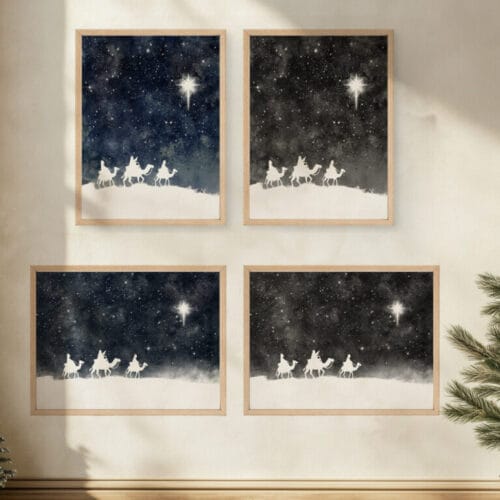 This three wise men minimalist wall art features a modern nativity scene with the Star of Bethlehem—available in black or blue, horizontal or vertical.