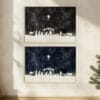This nativity scene minimalist wall art features a watercolor starry sky in blue or black with Mary, Joseph, Baby Jesus, and more—elegant and faith-filled decor.