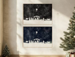 This nativity scene minimalist wall art features a watercolor starry sky in blue or black with Mary, Joseph, Baby Jesus, and more—elegant and faith-filled decor.