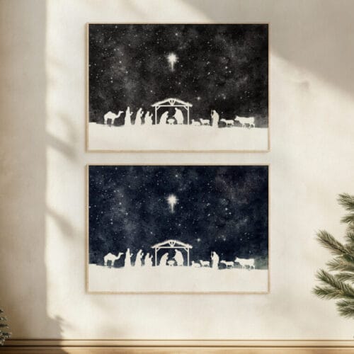 This nativity scene minimalist wall art features a watercolor starry sky in blue or black with Mary, Joseph, Baby Jesus, and more—elegant and faith-filled decor.