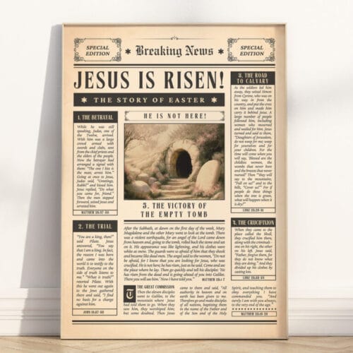 Easter Story Bible Verse Art with vintage resurrection design featuring the empty tomb and scripture quotes from the Easter story.