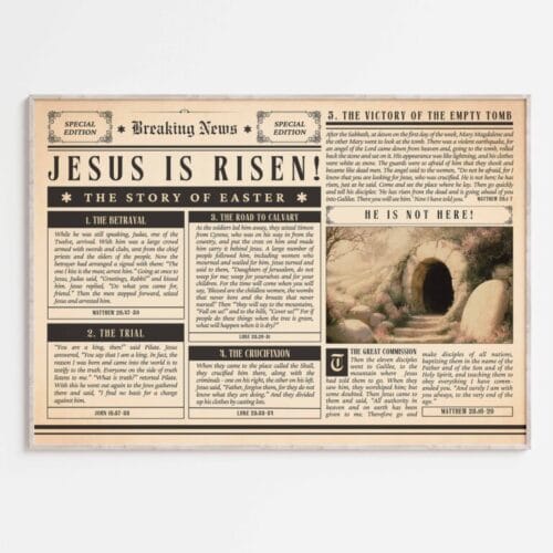 Easter Story Scripture Art in landscape format with vintage empty tomb design and verses from the resurrection story.