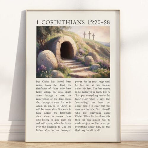 1 Corinthians 15 Empty Tomb Art featuring vintage resurrection design and Easter scripture celebrating Christ’s victory over death.