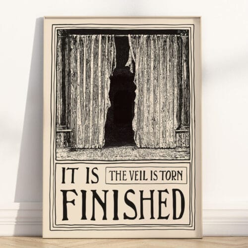 Torn Veil Easter Wall Art featuring vintage-style engraving and scripture from John 19:30 and Matthew 27:51.