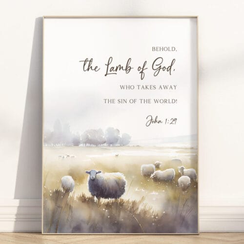 Behold the Lamb of God Wall Art with John 1:29 in modern watercolor design. A perfect Easter or year-round Christian scripture print.