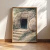Vertical Christian wall art depicting an illustrated empty tomb inspired by Matthew 28 and the resurrection of Christ