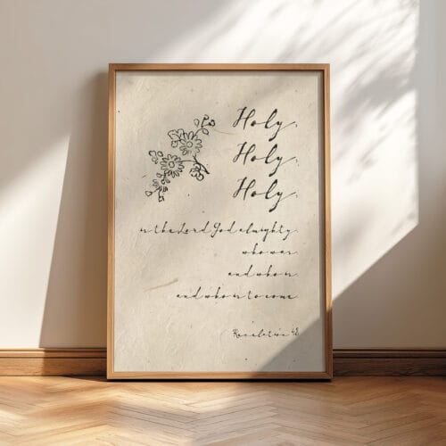 Revelation 4:8 wall art with handwritten Holy Holy Holy scripture in vintage ink style Christian Bible verse decor