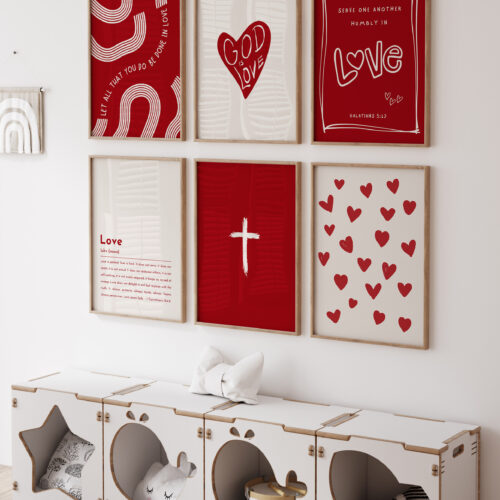 Christian Valentine Scripture wall art printable set of 6 featuring red and neutral faith based Valentine designs with Bible verses and cross artwork