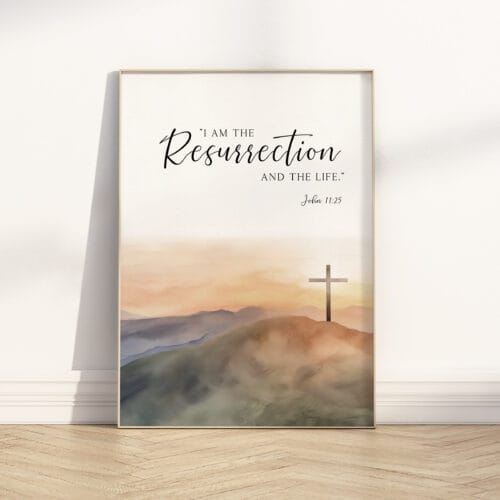 Cross wall art with John 11:25 scripture watercolor landscape
