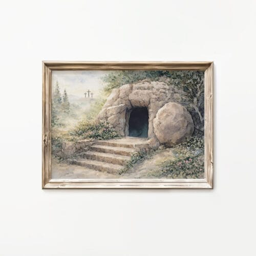 Christian Easter wall art featuring an illustrated empty tomb inspired by Matthew 28 and the resurrection of Christ