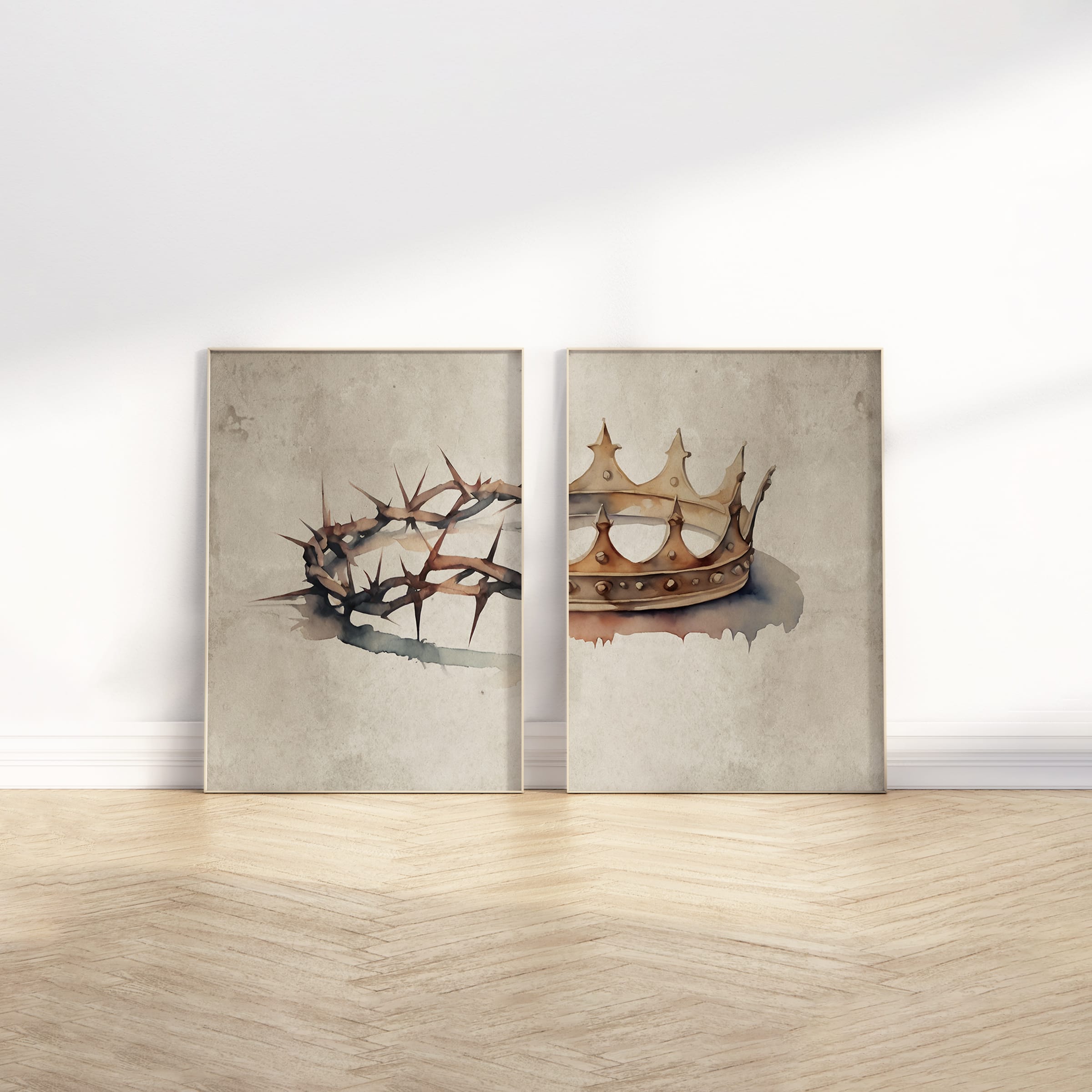 Crown of thorns & King of Glory Christian watercolor wall art inspired by Isaiah 53, minimalist Good Friday painting and Easter scripture home decor