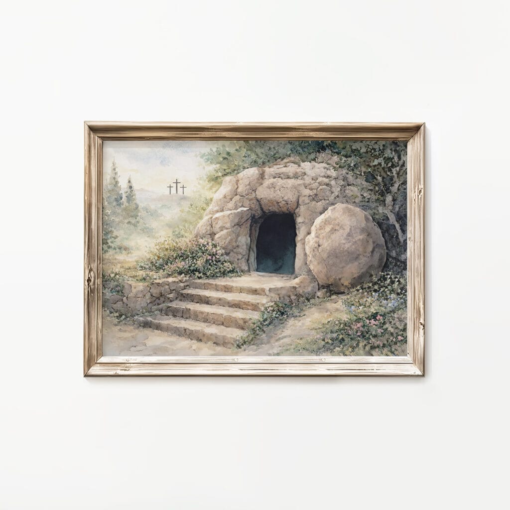 Christian Easter wall art featuring an illustrated empty tomb inspired by Matthew 28 and the resurrection of Christ