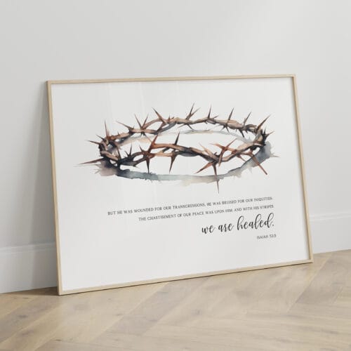 Horizontal Isaiah 53:5 crown of thorns wall art, Christian watercolor Good Friday scripture home decor for Easter