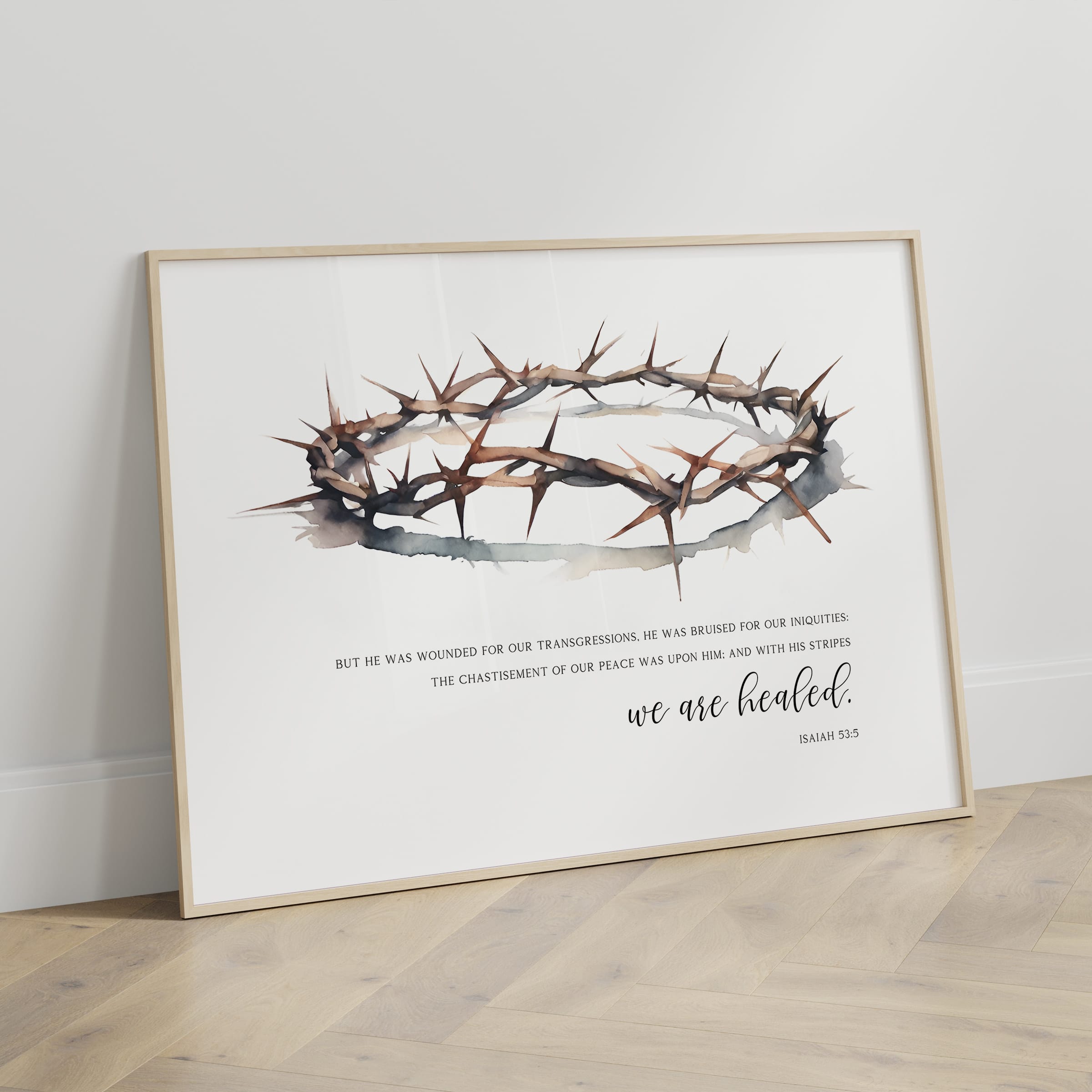 Horizontal Isaiah 53:5 crown of thorns wall art, Christian watercolor Good Friday scripture home decor for Easter