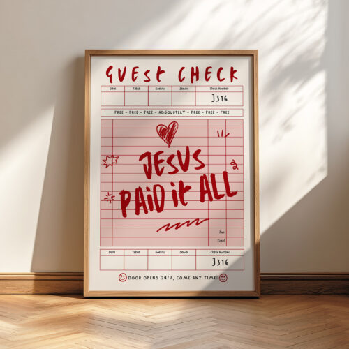 Jesus Paid It All wall art featuring vintage guest check design with Christian scripture inspired message and red faith based Valentine decor