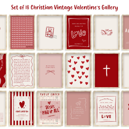 Christian Valentines Day wall art printable set of 18 featuring vintage faith based Valentine designs with scripture hearts and Christian love decor