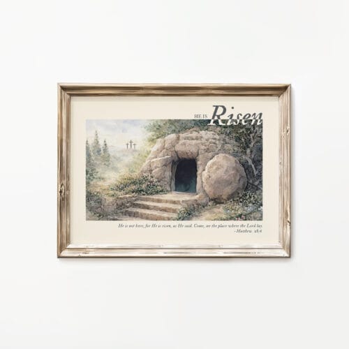 He Is Risen poster- Matthew 28:6 empty tomb with crosses Christian wall art print