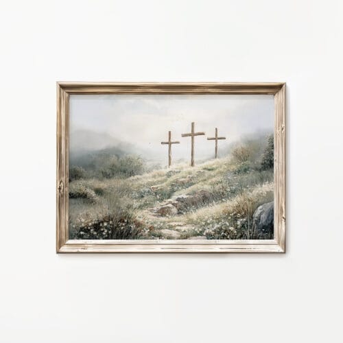 3 crosses design watercolor landscape Christian wall art showing three wooden crosses on a peaceful hillside faith artwork